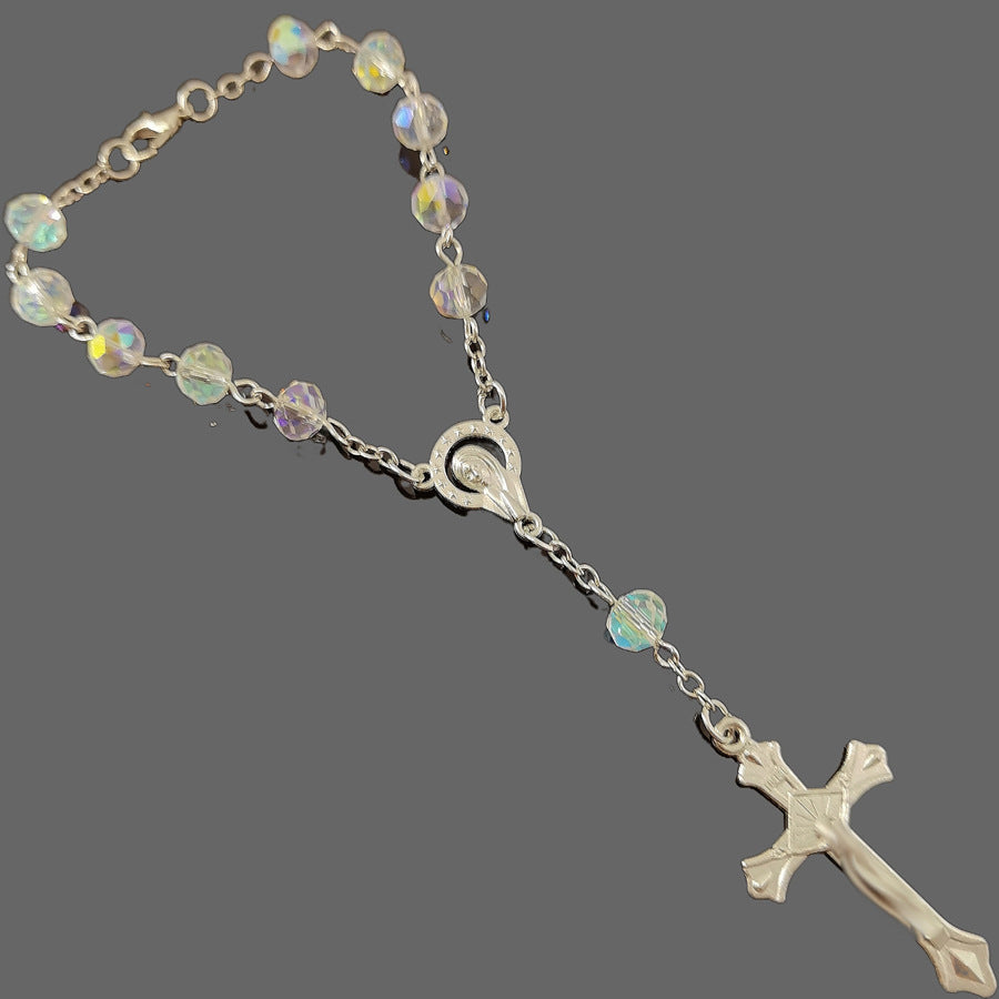 Crystal Cross Rosary Long Sweater Chain Necklace