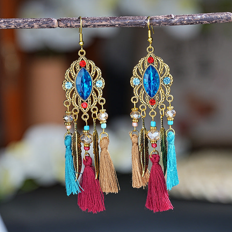 Daisy Retro Oval Diamond Tassel Leaf-shaped Earrings