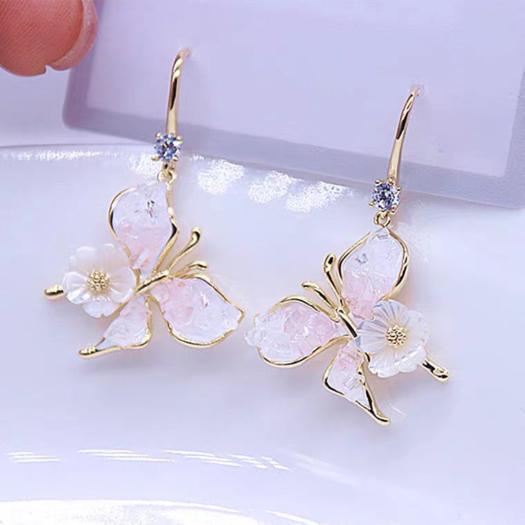 Needle Fresh Crystal Flowers Butterfly Fashion Trendy Earrings