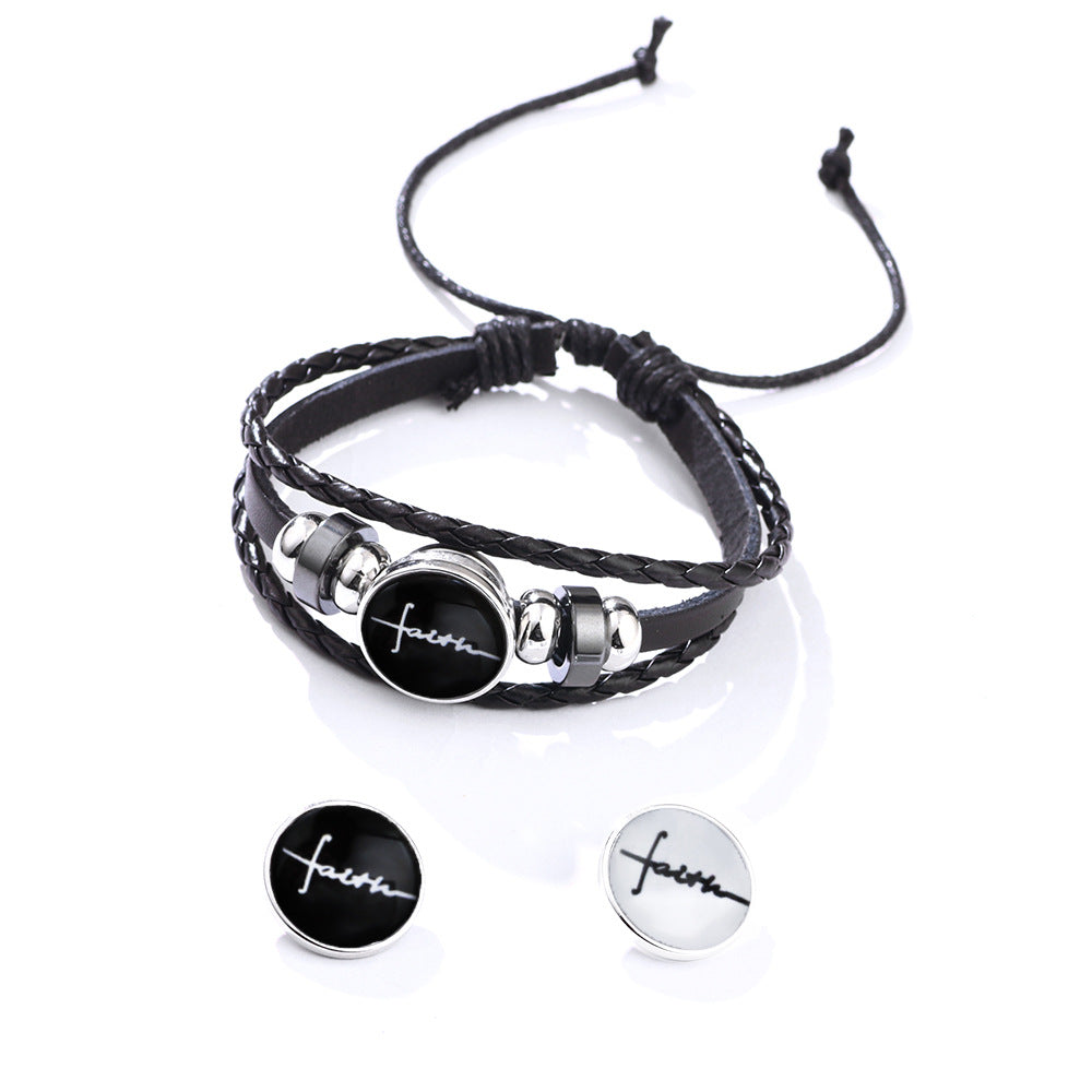 English Letters Glass Buckle Woven Leather Niche Bracelets