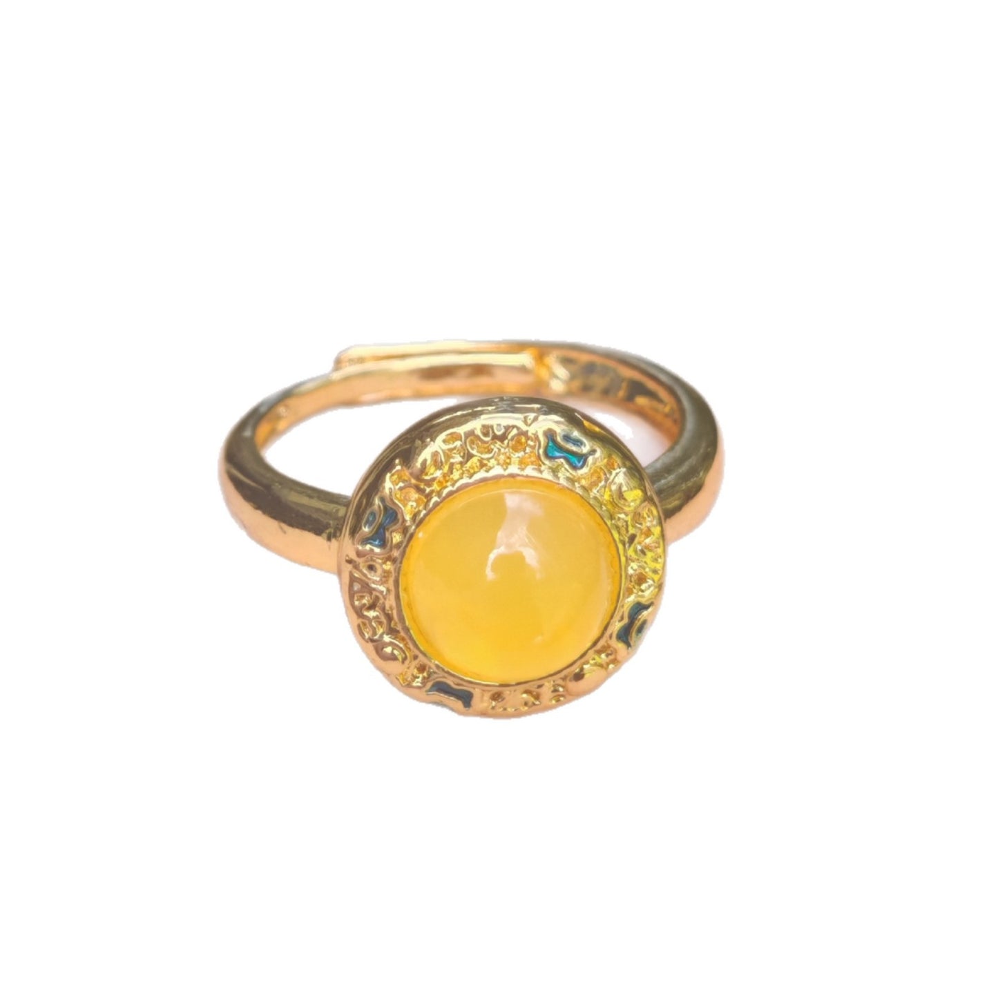 Imitation Natural Beeswax Round Gold-plated Cloisonne Hollow Pattern Yellow Ring