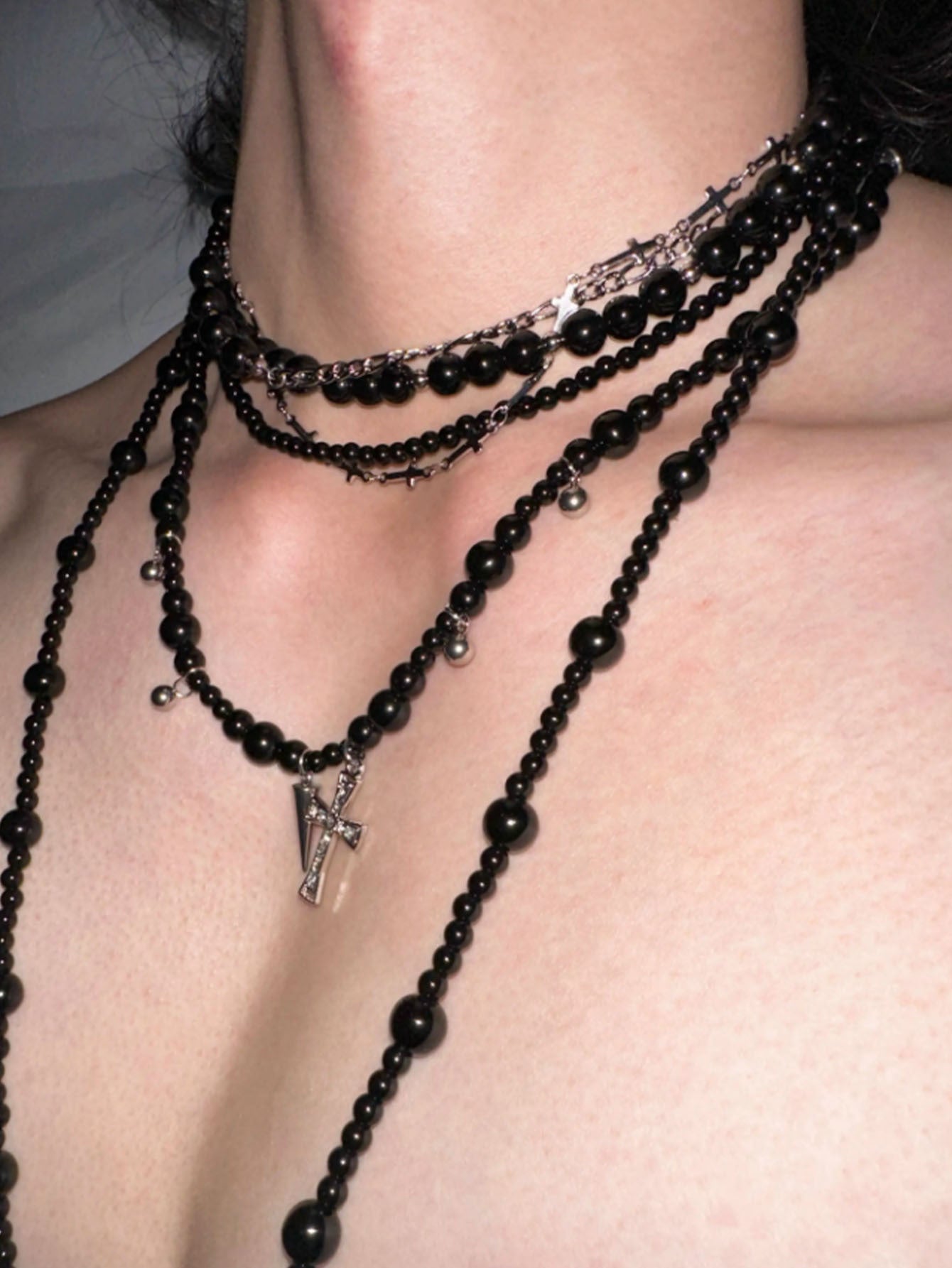 Glamorous Black Stone Stacked Retro Cross Necklaces