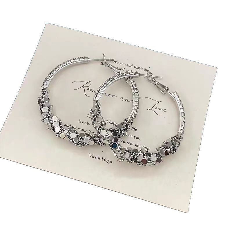Women's Super Shiny Sier Rhinestone Big Hoop Light Luxury Earrings