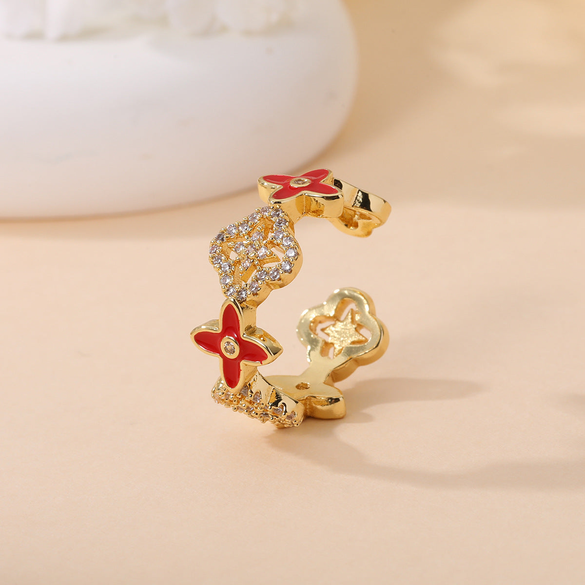 Dripping Full Diamond Lucky Four-leaf Clover Open Hollow Rings
