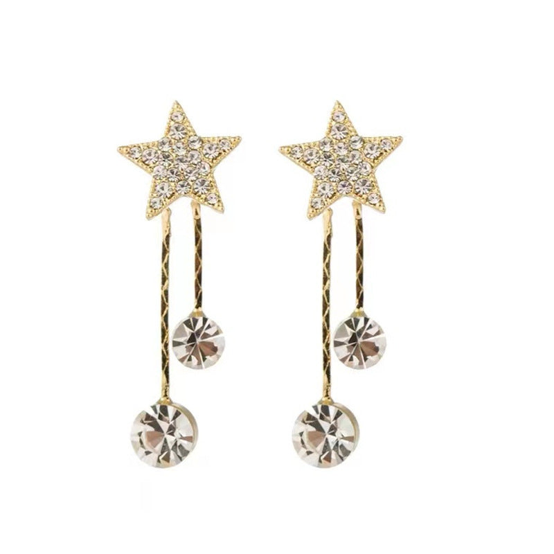 Women's Sier Pentagram Shiny Diamond Tassel Bow Earrings