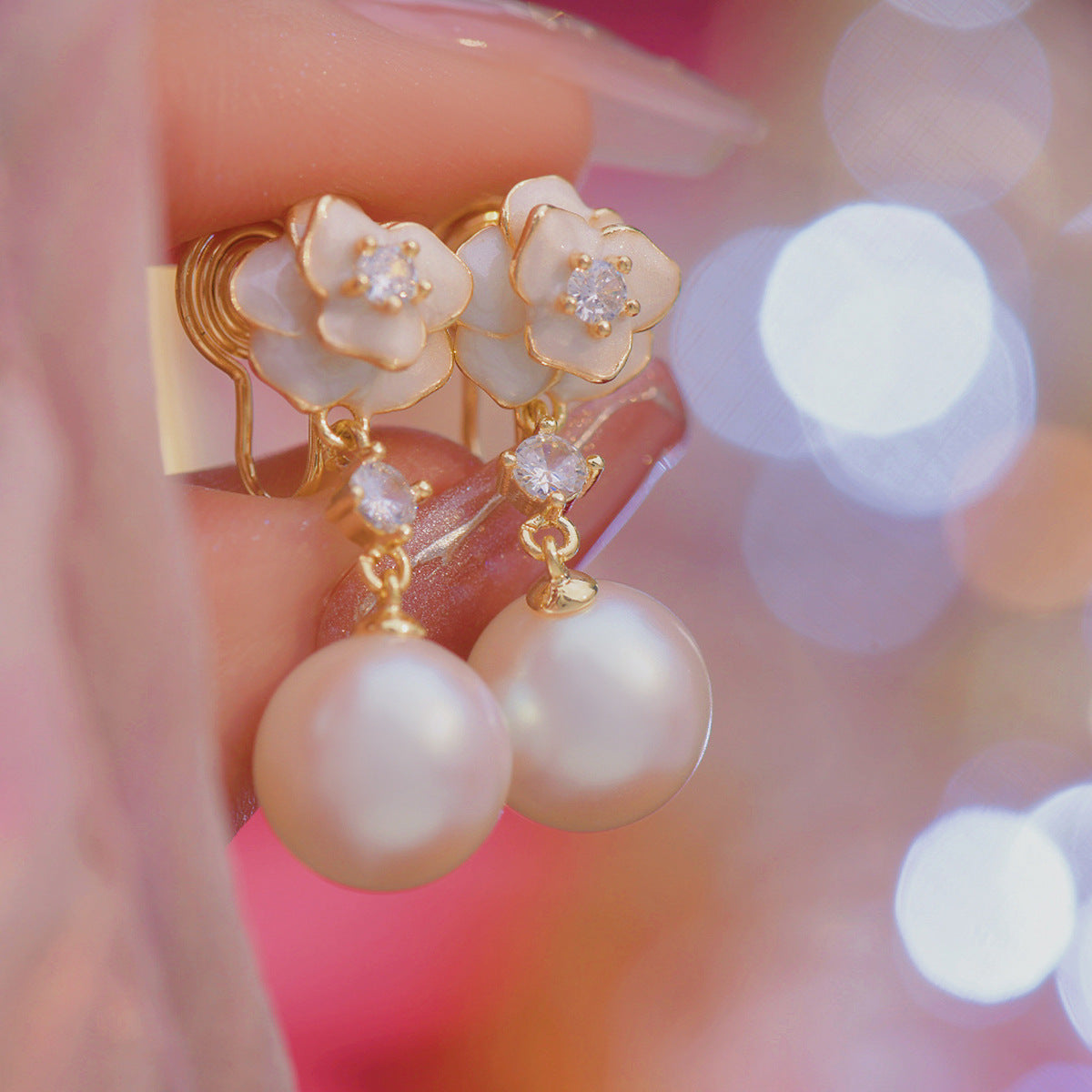 Sense Camellia Drip Glazed Pearl Refined Zircon Long Pink Mosquito Rings