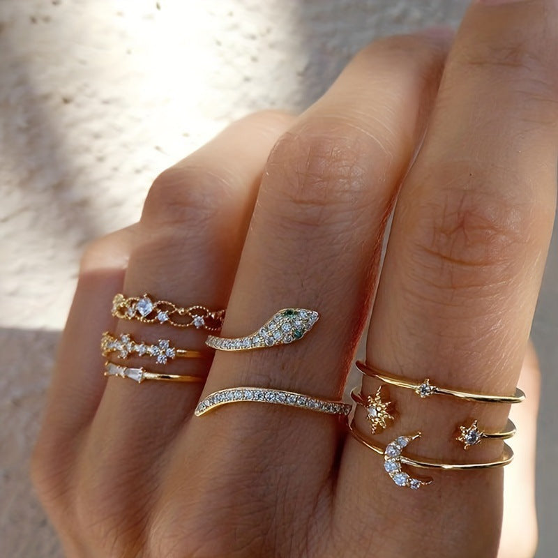 Creative Geometric Knuckle Female Hollow Moon Snake Rings