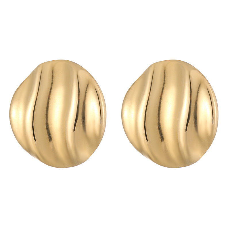 Retro Stainless Steel Pleated Wave Glossy Fashion Gold Stud Earrings