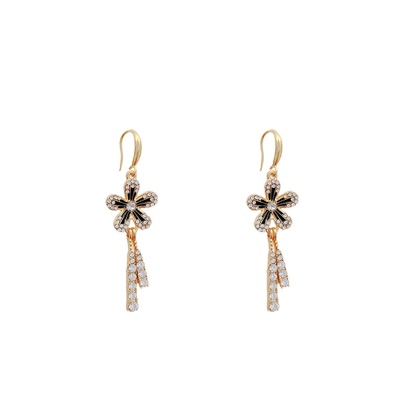 Women's Luxury Minority High-grade Sparkling Full Rhinestone Flower Long Tassel Camellia Rings