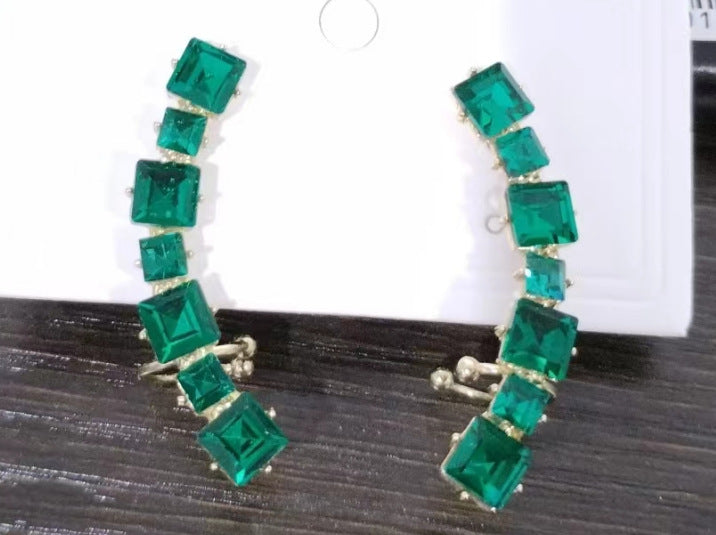 Women's Sier Needle Simple Personality Green Diamond Flower Love Heart Earrings