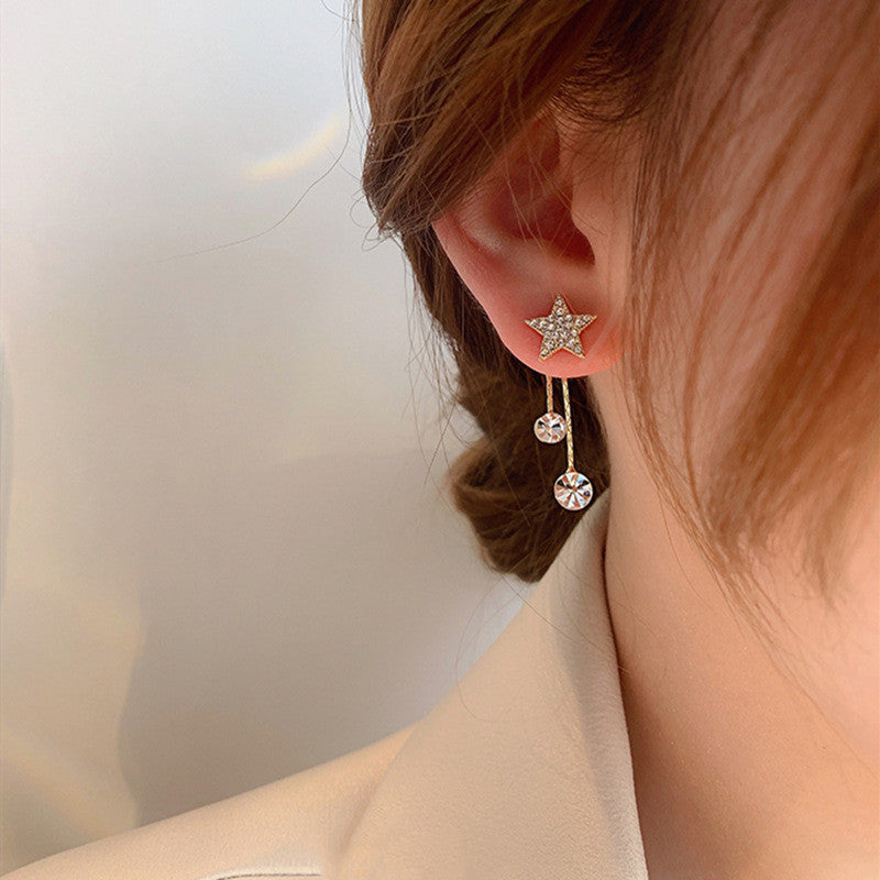 Women's Sier Pentagram Shiny Diamond Tassel Bow Earrings