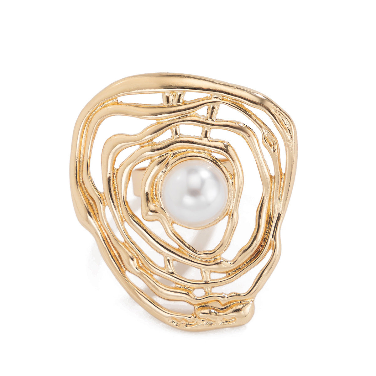 Exaggerated Metallic Pleated Imitation Pearl Personality Rings