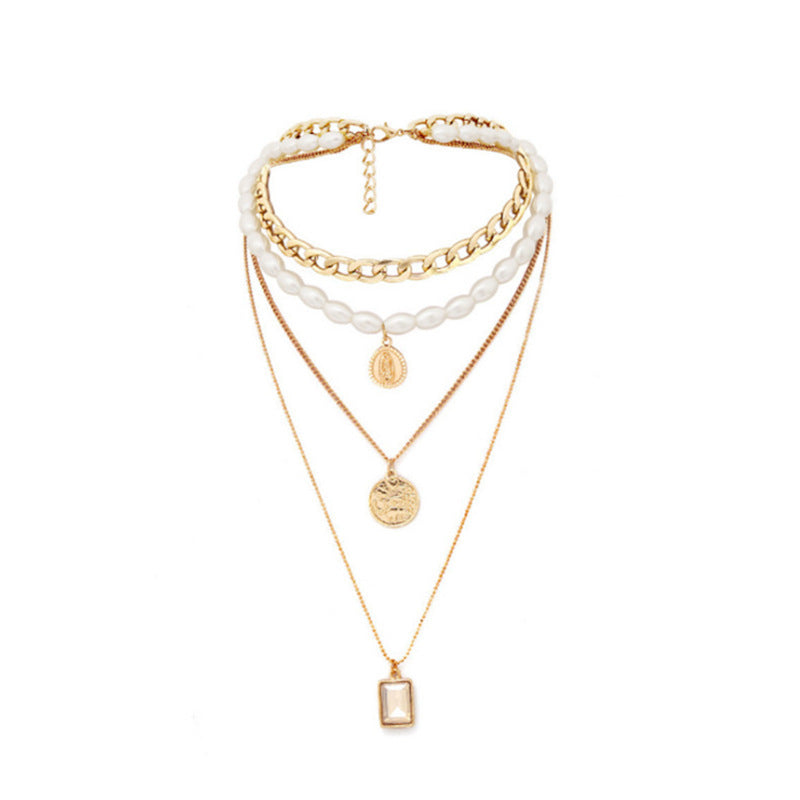 Women's Ornament Fashion Oval Pearl Alloy Coin Necklaces