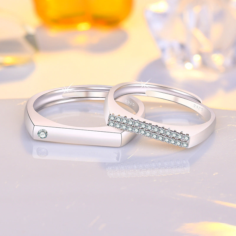 Women's & Men's Couple Sier Minority Simple Design Zircon Word Opening Rings