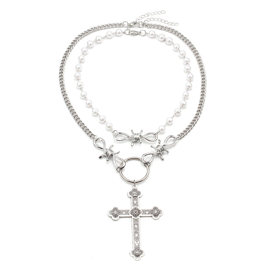 Pearl Cross Hip Hop Punk Double Necklaces