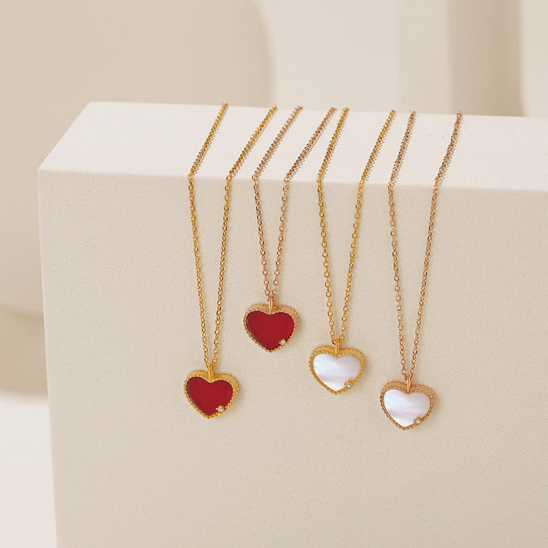 Women's Heart-shaped Genuine Diamond Sterling Sier Red Agate Clavicle Necklaces