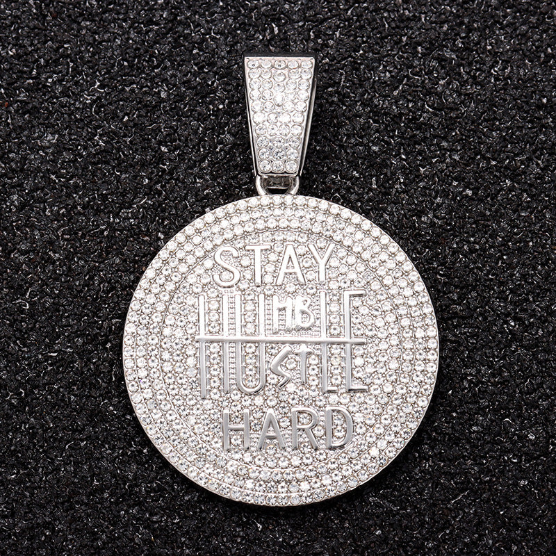 Men's Keep Strong Letter Round Plate Full Diamond Necklaces