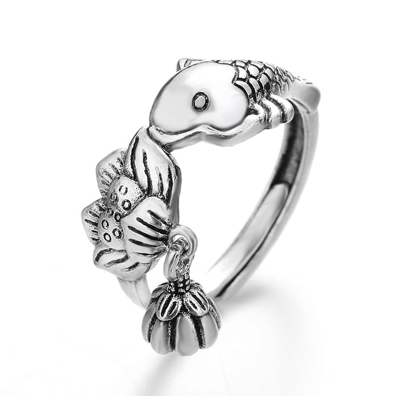 Vintage Thai Sier Lotus Koi Female Personality Carp Ring
