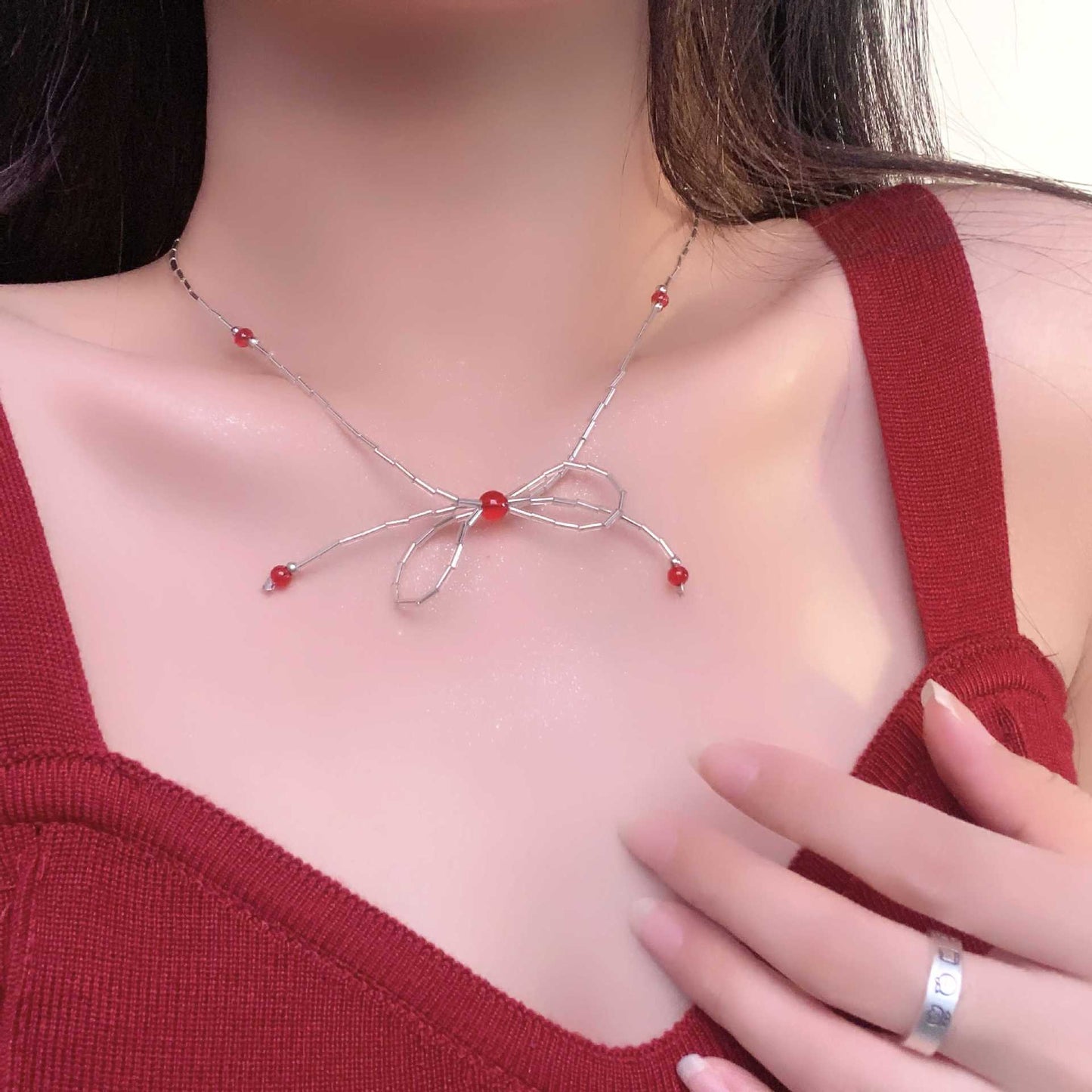 Women's Bowknot Beaded For Summer Versatile High-grade Double Layer Twin Necklaces