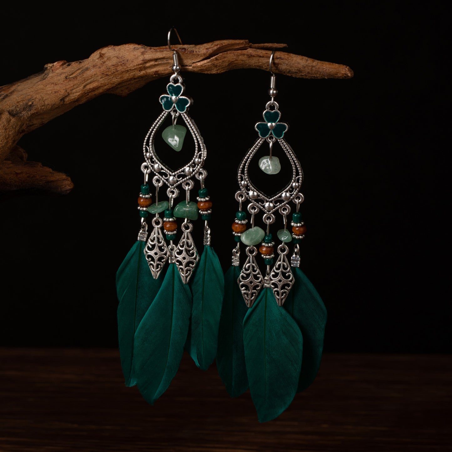 Women's Bohemian Feather Irregular Natural Stone Retro Earrings
