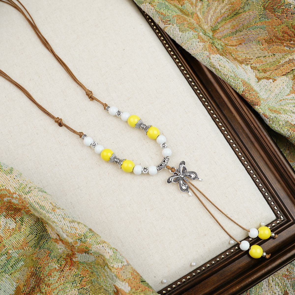 Colorful Beaded Ceramic Butterfly Braided Rope Chinese Ethnic Retro Light Necklaces