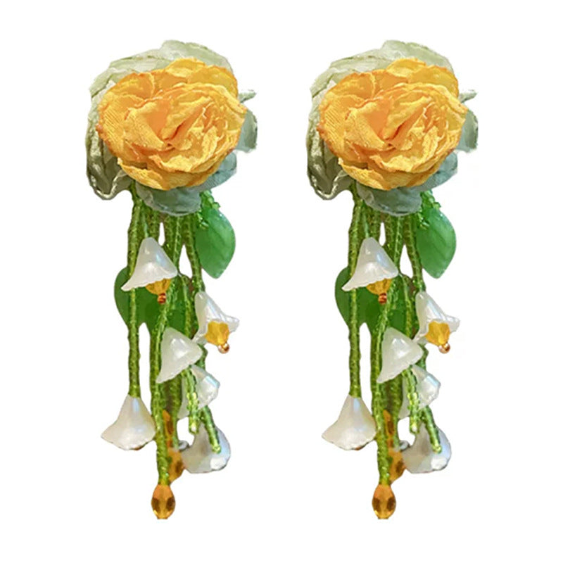 Elegant Graceful Chiffon Flower Beaded Tassel Summer Earrings