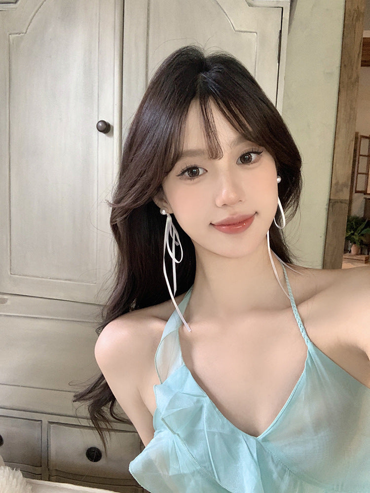 Women's Summer Ballet Style Long Fairy Bow Ribbon Pearl Unique Stud Earrings