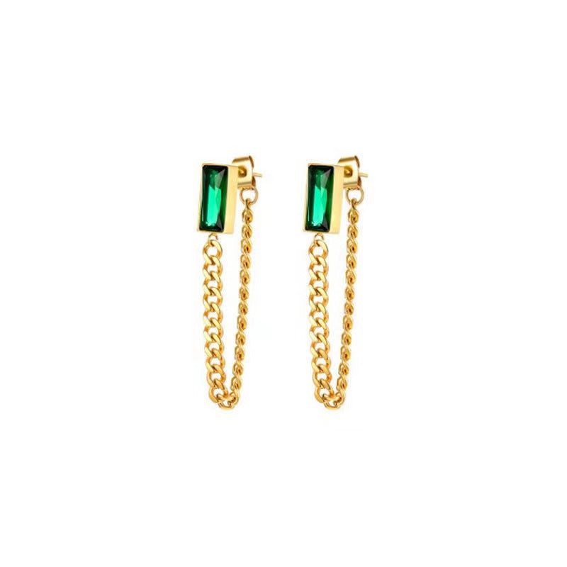 Needle Vintage Emerald Crystal Metal Chain Elegant Earrings