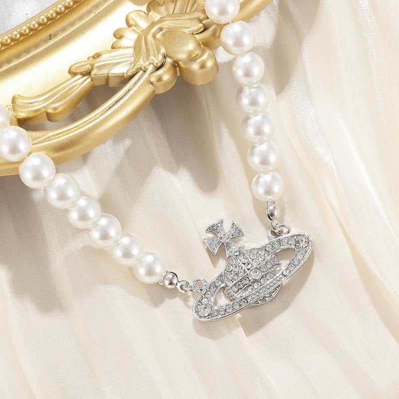 Gray Pearl Jeweled Design Sweater Chain Pendants