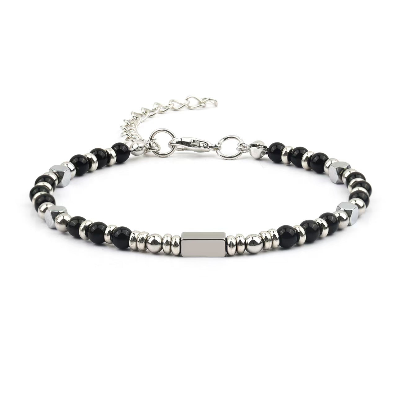 Natural Stone Stainless Steel Black Frosted Golden Balls Beaded Adjustable Bracelet