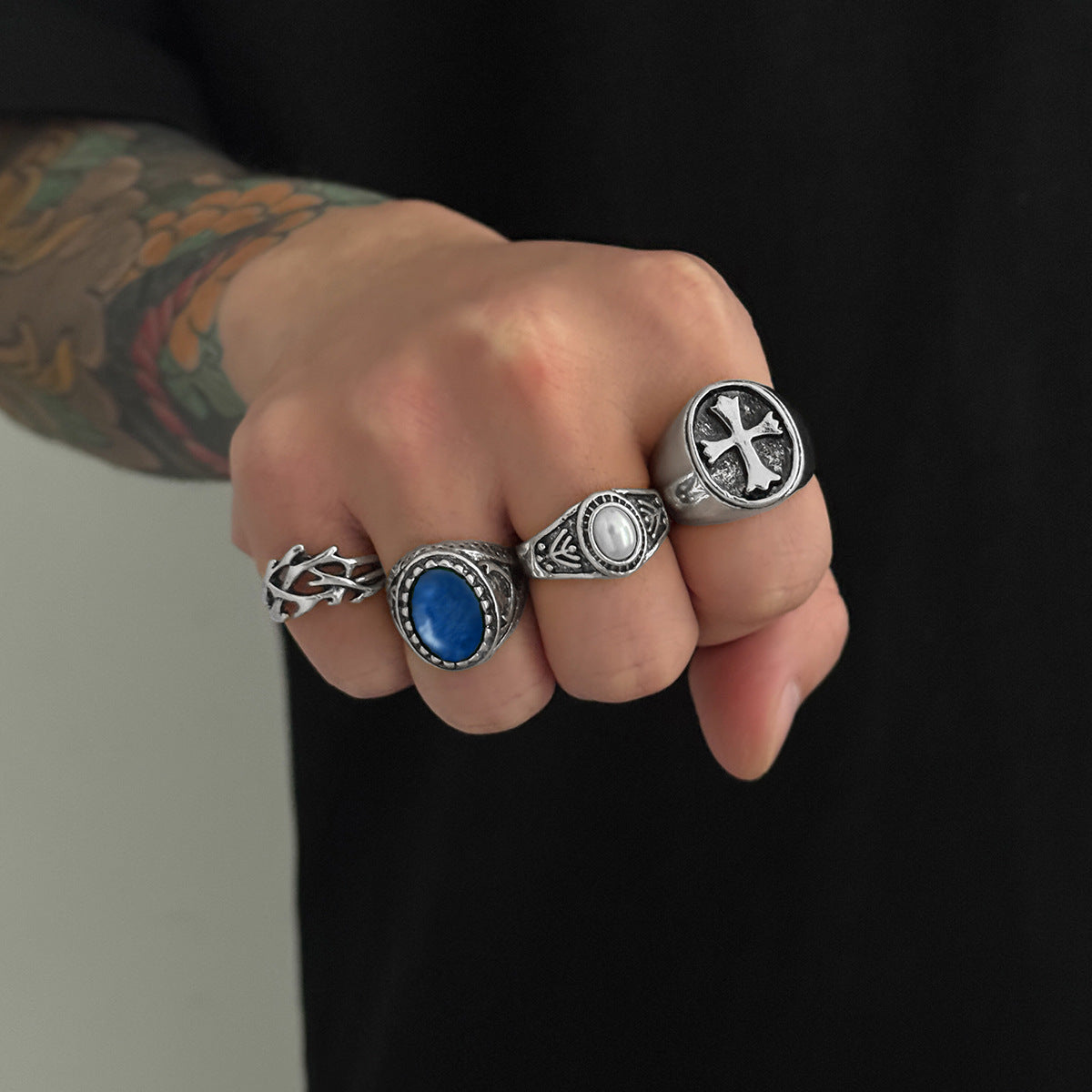 Men's Hip Hop Niche Cross Pearl Gem Ring