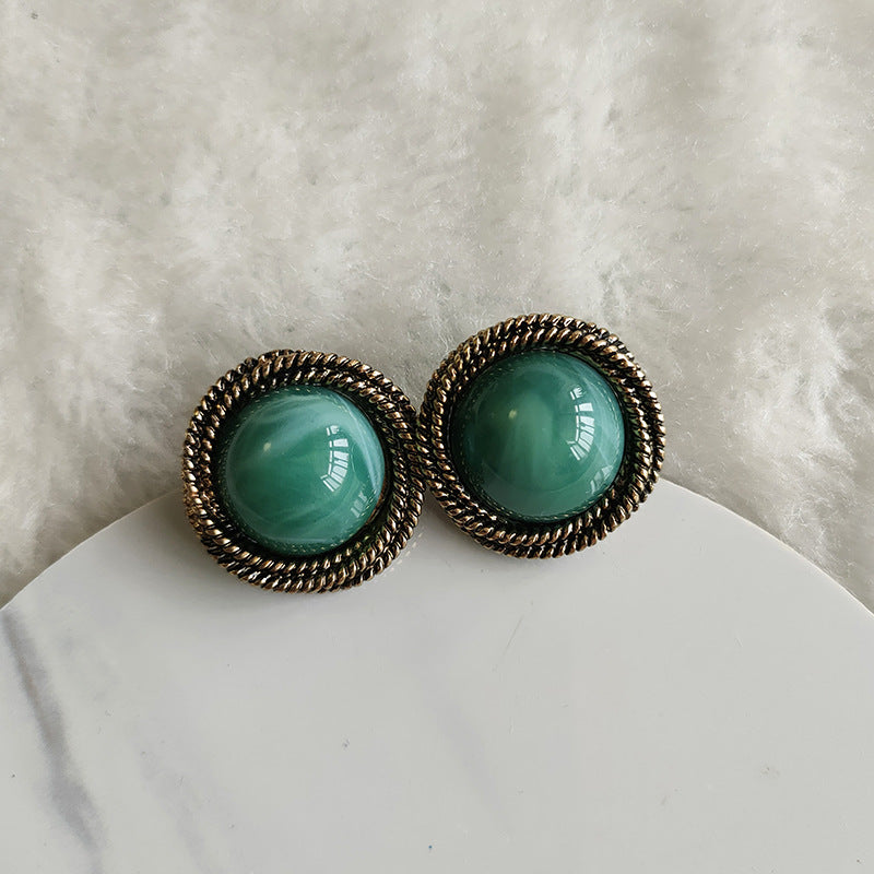 Vintage Green Round Sier Needle Distressed Ear Earrings
