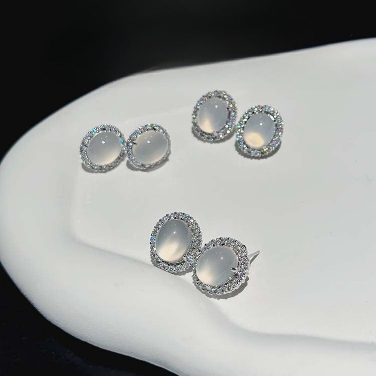 Women's Sier Transparent Big Diamond Chalcedony Chinese Stud Earrings