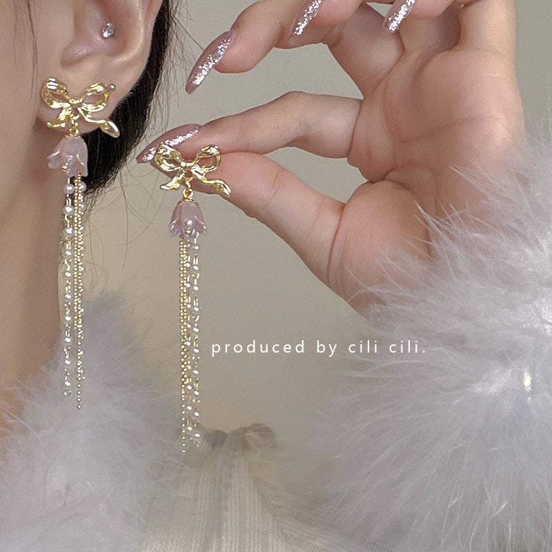 Light Luxury Minority Bow Pearl Graceful Long Earrings