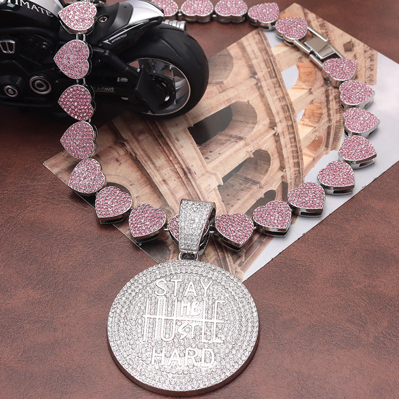 Men's Keep Strong Letter Round Plate Full Diamond Necklaces