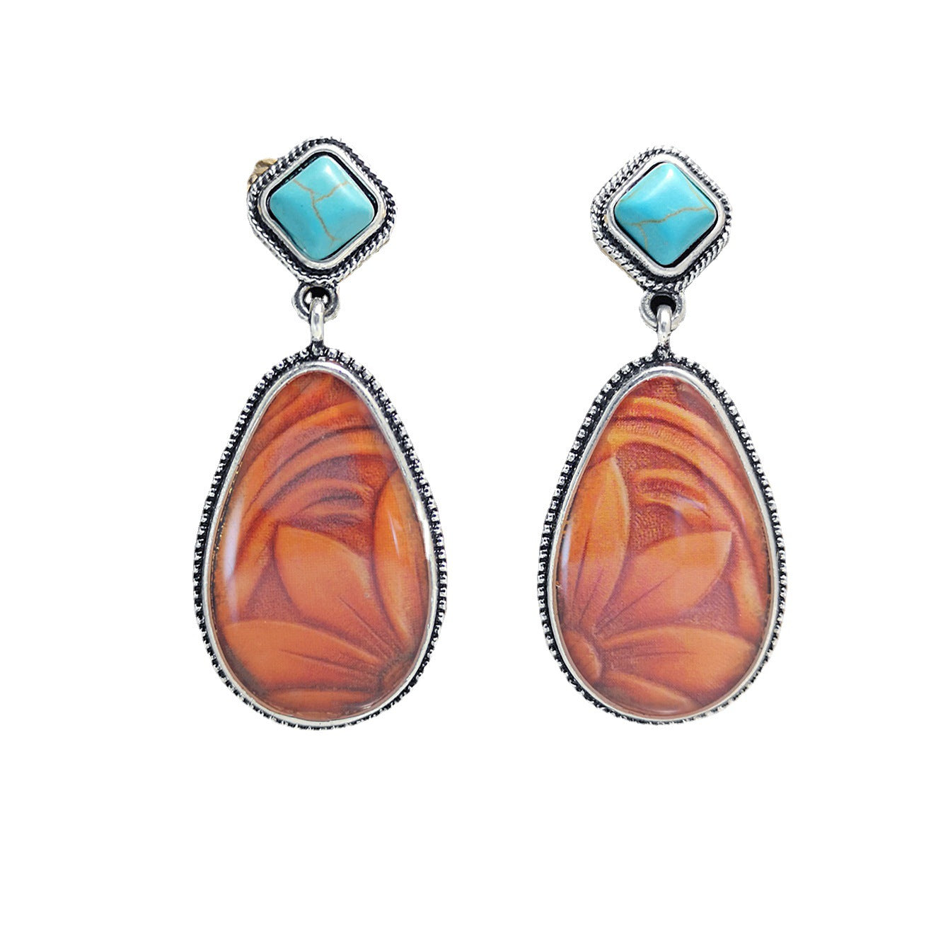 Fashion Brown Sunflower Retro Exaggerated Turquoise Earrings