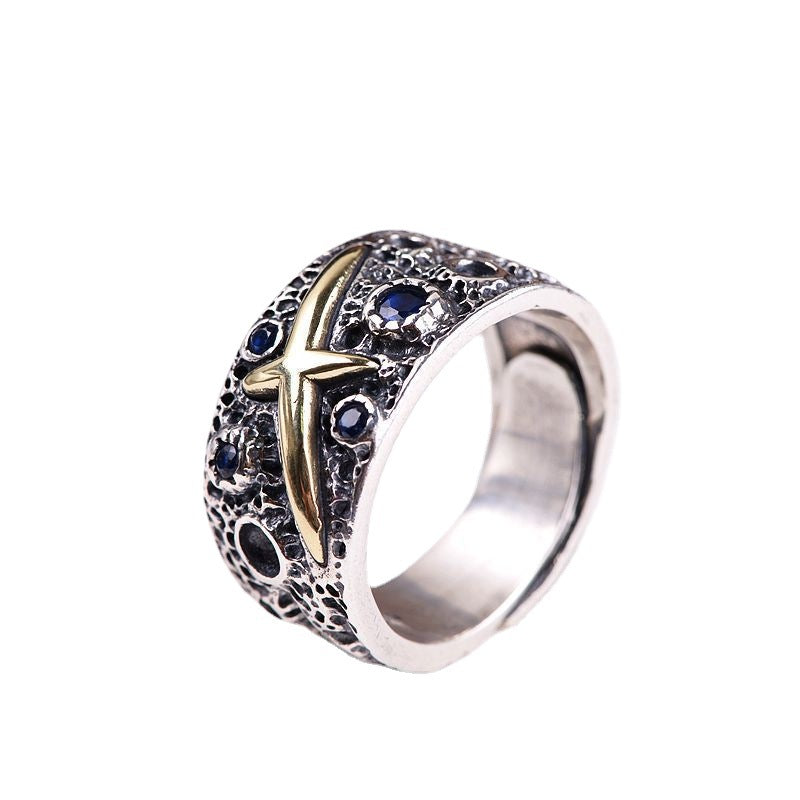 Cross Star Inlaid Blue Zirconium Open Starry Male Ring