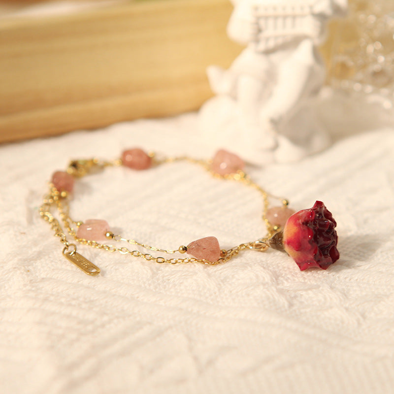 French Retro Preserved Fresh Flower Rose Pearl Design Double Layer Bracelet
