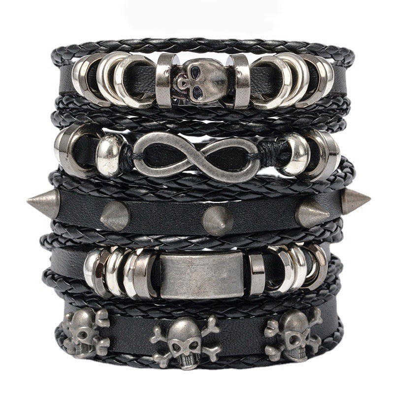 Men's Long-term Punk Alloy Skull Leather Suit Bracelet