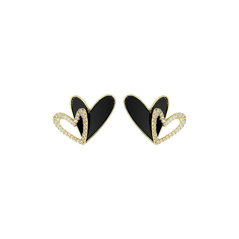 Women's Korean Style Black Heart Shape Diamond Love Fashion Double Earrings