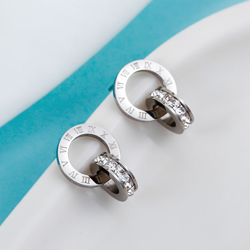 Diamond Creative Rose Gold Titanium Steel Female Double Earrings