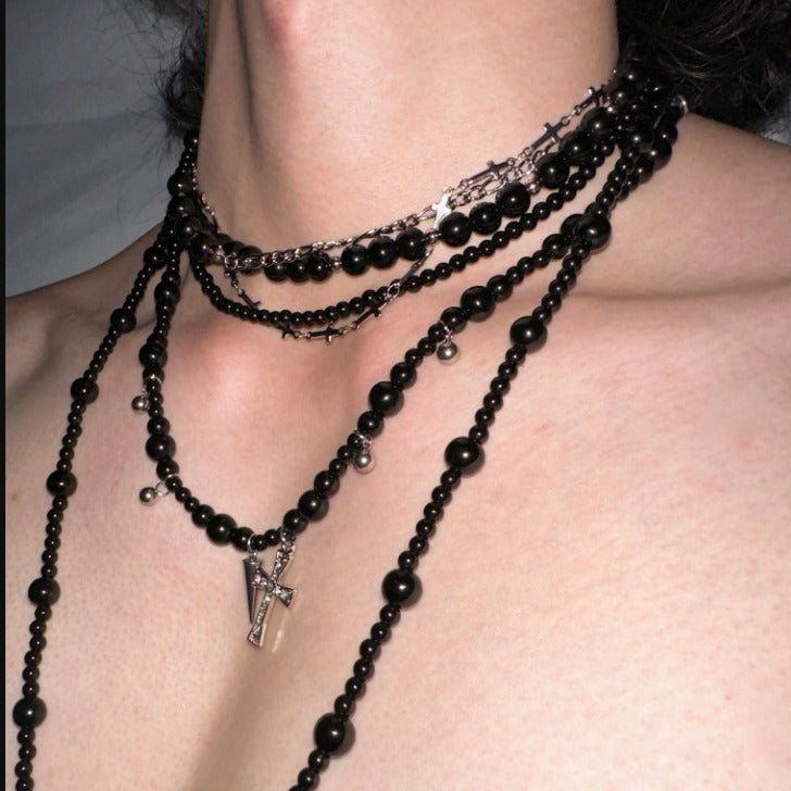 Glamorous Black Stone Stacked Retro Cross Necklaces
