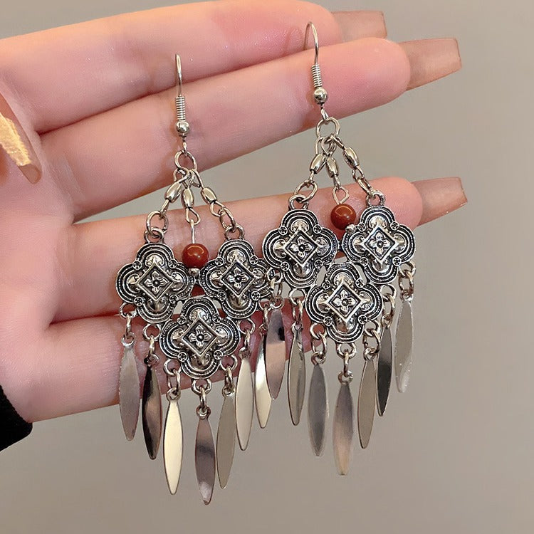High-grade Tibetan Sier Summer Long Tassel Earrings