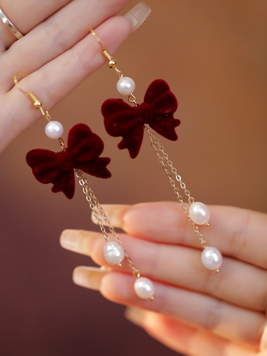 Red Elegance Retro Cheongsam Antique Eardrops Tassel Long Bow Earrings