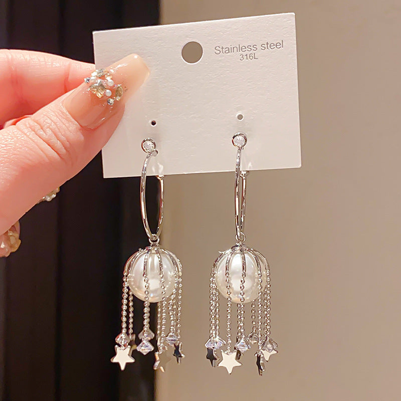 Sier Needle Retro Imitation Pearl Zircon Geometric Shaped Star Tassel Earrings