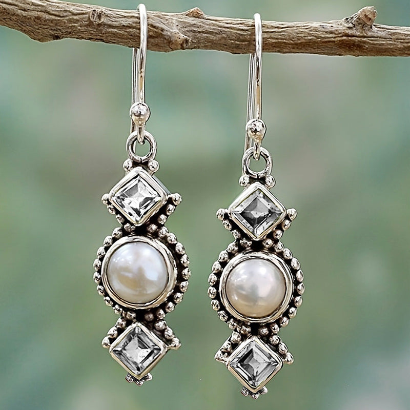 Women's Sier Pearl Plated Creative Square Diamond Olive Green Earrings