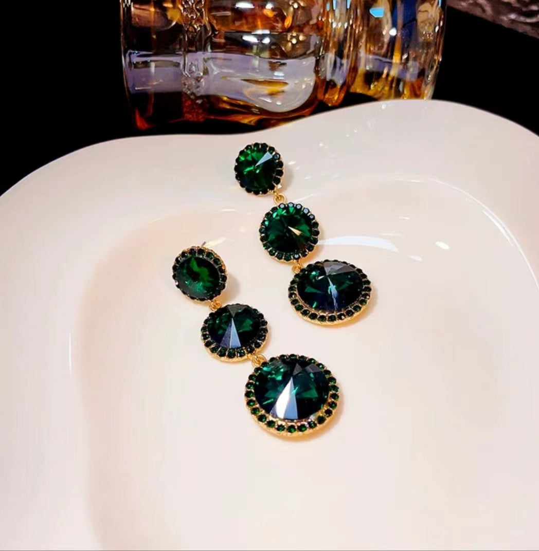 Women's Sier Needle Simple Personality Green Diamond Flower Love Heart Earrings