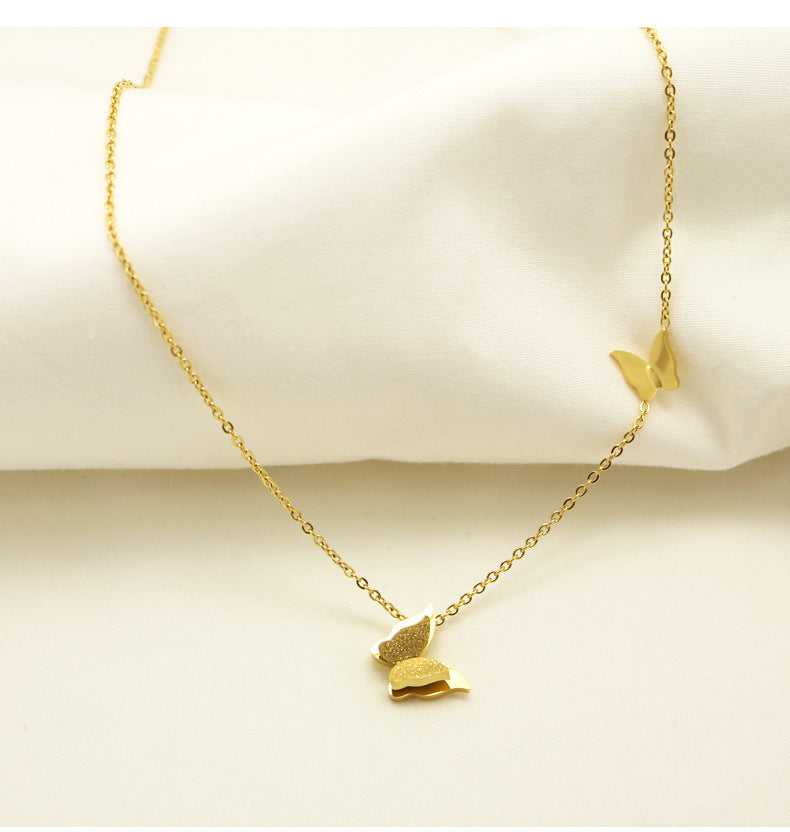 Women's Steel Clavicle Chain Fashionable Rose Gold Frosted Double Butterfly Necklaces