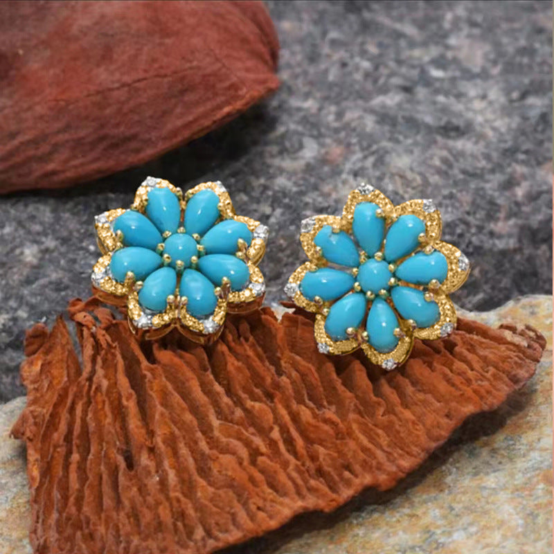 Vintage Turquoise Female Snowflake Diamond Antique Earrings