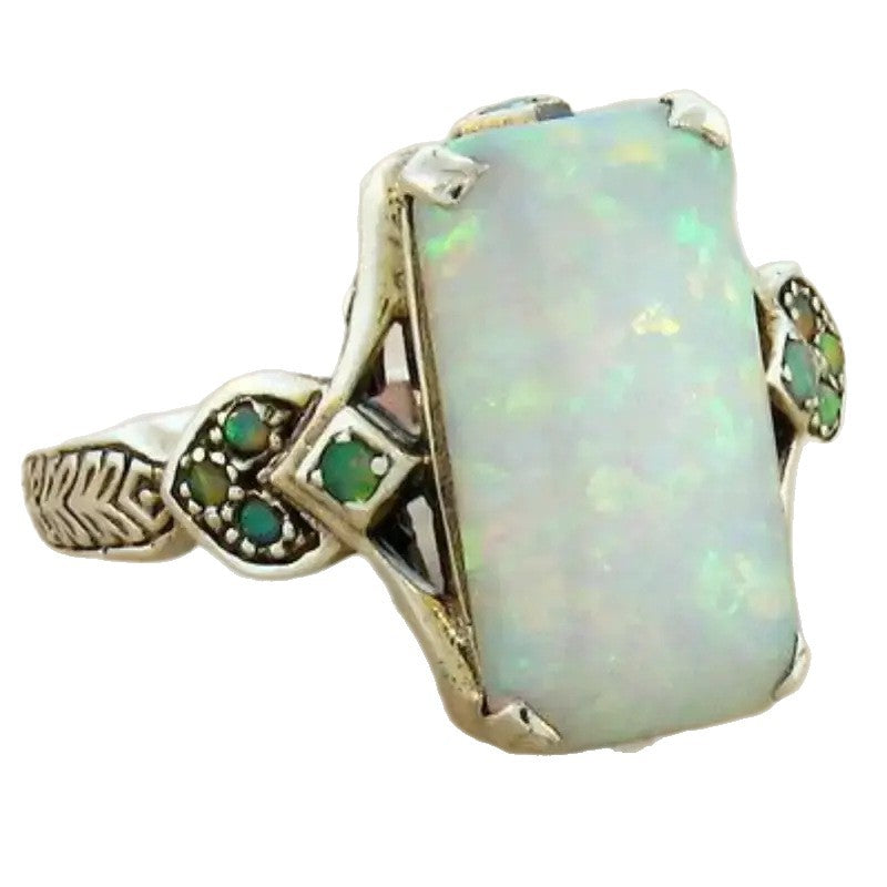 Square White Opal Ancient Sier Bride Lady Wedding Rings